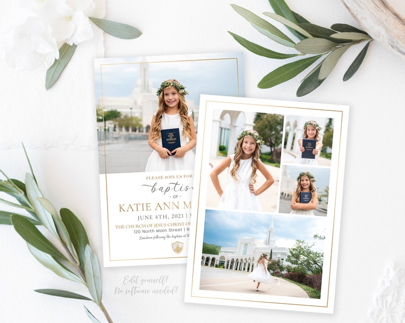 K&ouml;nnte beinhalten: Tauf-Einladung mit einem jungen M&auml;dchen in einem wei&szlig;en Kleid und Blumenkranz, das ein Buch h&auml;lt. Die Einladung enth&auml;lt den Text "PLEASE JOIN US FOR baptism of KATIE ANN M JUNE 4TH, 2021". Das Design hat einen goldenen Rand und eine Fotocollage.