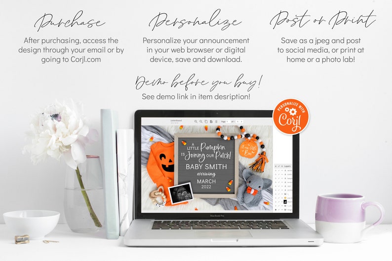 May include: A laptop screen shows a Halloween baby announcement design with a pumpkin, a baby onesie, and a stuffed elephant. The text on the design reads "A little pumpkin is joining our patch! Baby Smith arriving March 2022".