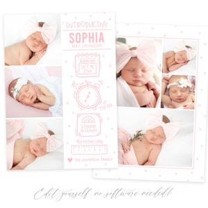 May include: A pink and white baby announcement card with a collage of photos of a newborn baby girl. The card includes the baby's name, Sophia, birth date, time, weight, and length. The card is decorated with pink polka dots and a pink heart.