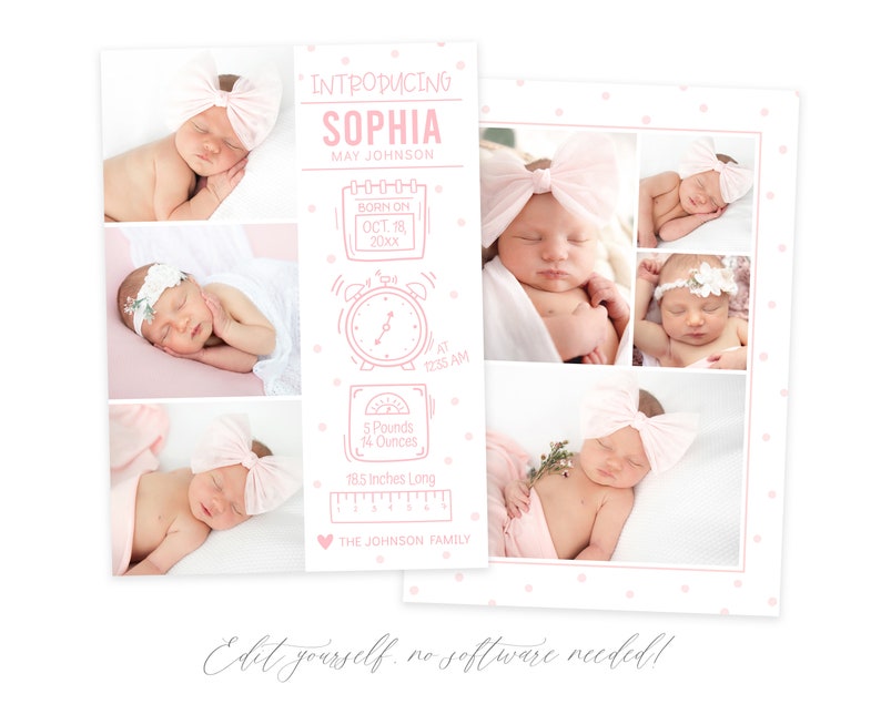 May include: A pink and white baby announcement card with a collage of photos of a newborn baby girl. The card includes the baby's name, Sophia, birth date, time, weight, and length. The card is decorated with pink polka dots and a pink heart.
