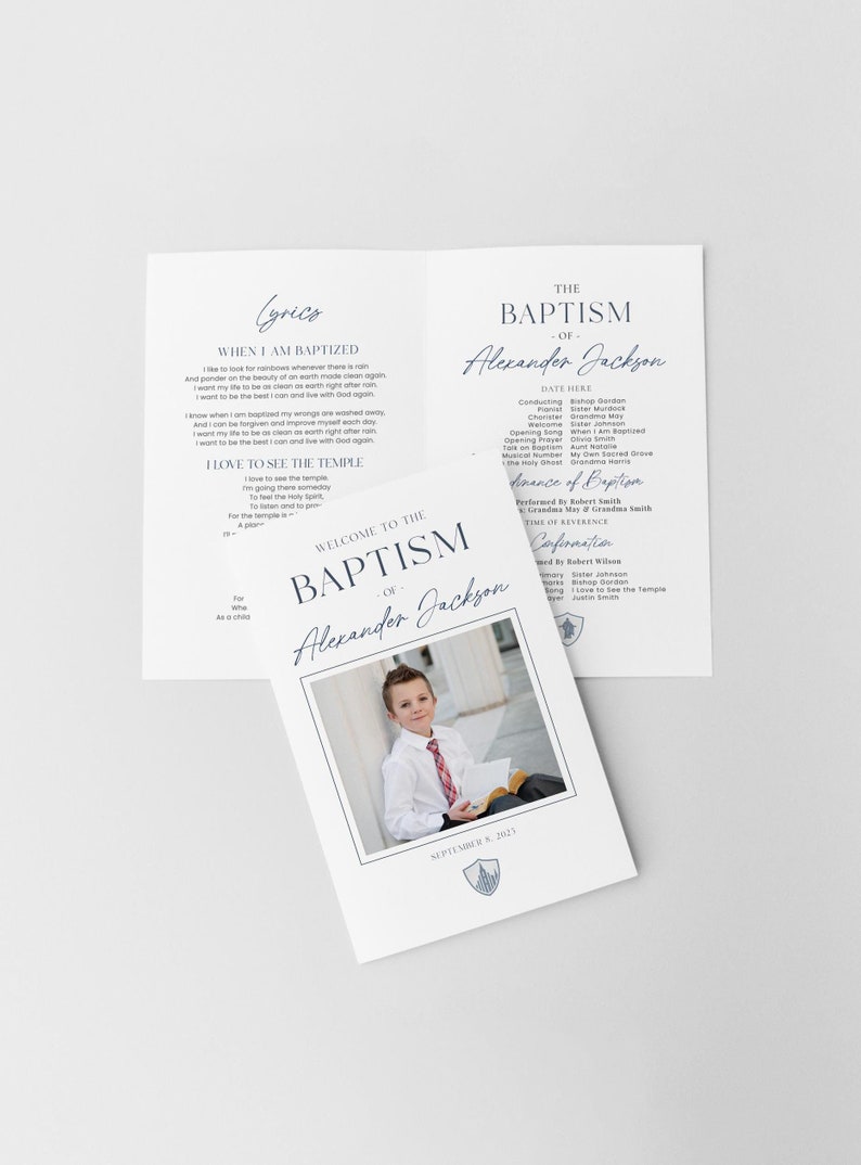 May include: A white and blue program for a baptism ceremony. The program includes the lyrics to the song "When I Am Baptized" and the order of events for the ceremony. The program also features a photo of a young boy in a white shirt and tie, holding a book. The date of the baptism is September 8, 2023.