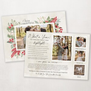 Pode incluir: Um cart&atilde;o de Natal com uma moldura floral em aquarela e uma foto de uma fam&iacute;lia. O cart&atilde;o inclui o texto "Merry Christmas" e "What a Year! The Hamilton Family | 2024 highlights". O cart&atilde;o tamb&eacute;m inclui uma lista dos destaques da fam&iacute;lia do ano, como "F&eacute;rias em fam&iacute;lia no lindo Hava&iacute; em janeiro" e "In&iacute;cio de uma nova tradi&ccedil;&atilde;o de noites de jogos em fam&iacute;lia mensais".