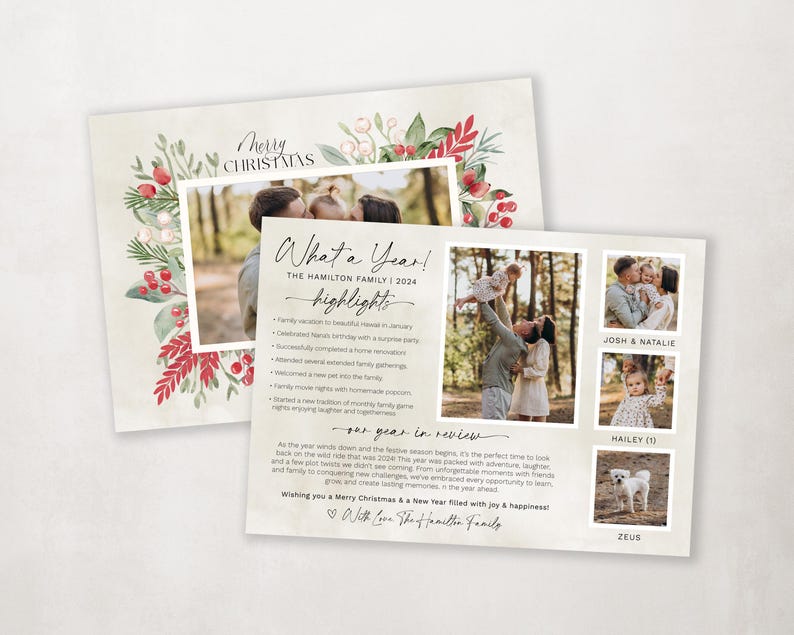 Pode incluir: Um cart&atilde;o de Natal com uma moldura floral em aquarela e uma foto de uma fam&iacute;lia. O cart&atilde;o inclui o texto "Merry Christmas" e "What a Year! The Hamilton Family | 2024 highlights". O cart&atilde;o tamb&eacute;m inclui uma lista dos destaques da fam&iacute;lia do ano, como "F&eacute;rias em fam&iacute;lia no lindo Hava&iacute; em janeiro" e "In&iacute;cio de uma nova tradi&ccedil;&atilde;o de noites de jogos em fam&iacute;lia mensais".
