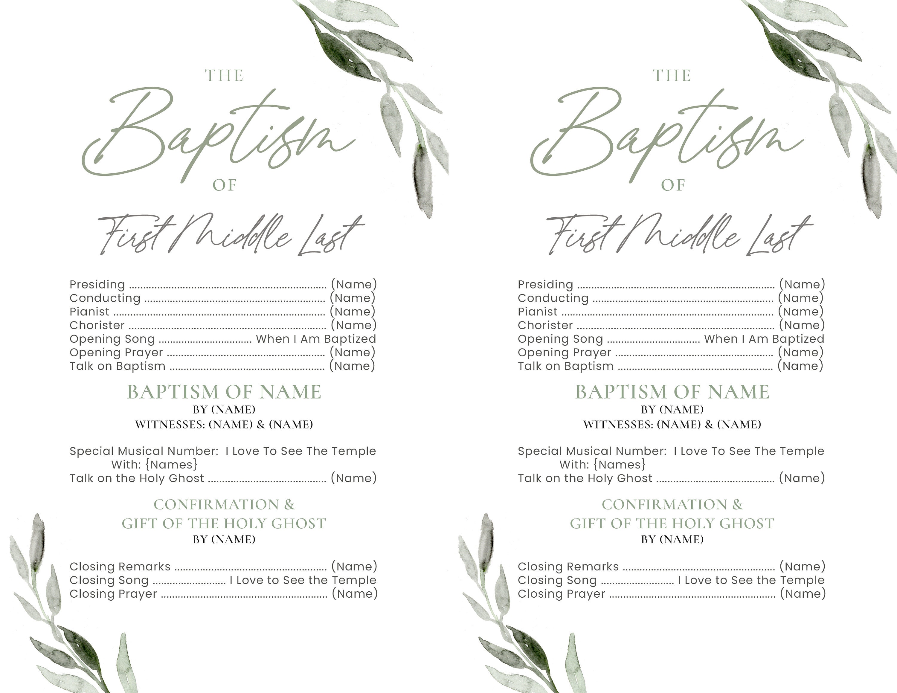 LDS Baptism Program 1 2 Sheet Baptism Program LDS Editable Olive Branch Program Instant