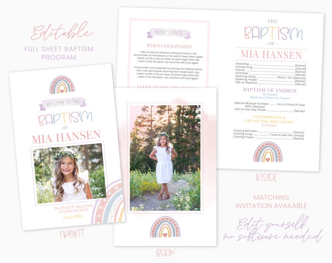 Rainbow LDS Girl Baptism Program Template - Customizable and Easy to Edit on Corjl - Instant Download