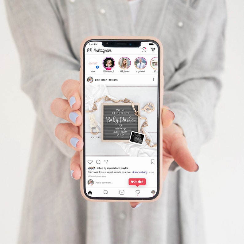 May include: A social media post announcing the arrival of a baby due in January 2022. The post features a chalkboard sign with the text "We're expecting Baby Parker" and a black and white ultrasound image. The sign is surrounded by wooden hearts and a small stuffed bunny.