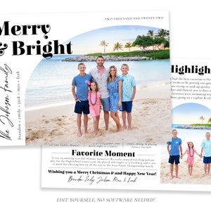 Puede incluir: Una tarjeta de Navidad con una familia de cinco personas de pie en una playa frente a un oc&eacute;ano tropical. La tarjeta tiene un fondo blanco con texto negro que dice "Merry & Bright" y "The Johnson Family". El texto tambi&eacute;n incluye los nombres de los miembros de la familia. La tarjeta tambi&eacute;n incluye una foto de la familia en una playa en Haw&aacute;i. La foto est&aacute; rodeada de un c&iacute;rculo blanco con un borde negro. La tarjeta tambi&eacute;n incluye una secci&oacute;n con el texto "Favorite Moment" y una descripci&oacute;n del momento favorito de la familia del a&ntilde;o. La tarjeta tambi&eacute;n incluye una secci&oacute;n con el texto "Highlights" y una descripci&oacute;n de los momentos destacados de la familia del a&ntilde;o. La tarjeta tambi&eacute;n incluye el texto "Wishing you a Merry Christmas & Happy New Year!" y los nombres de los miembros de la familia.