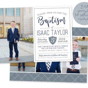 May include: A baptism invitation for Isaac Taylor, featuring a photo of the boy in a suit and tie. The invitation includes the date, time, and location of the ceremony, as well as information about the reception.