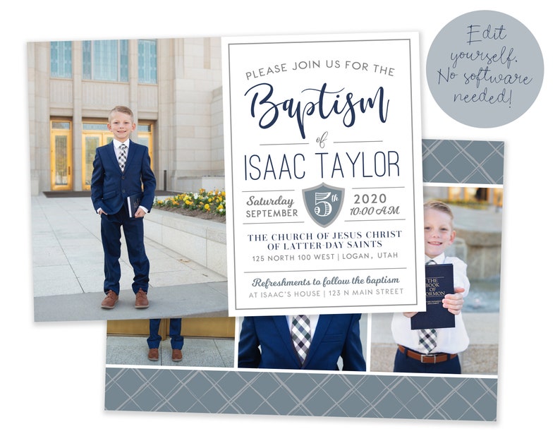 May include: A baptism invitation for Isaac Taylor, featuring a photo of the boy in a suit and tie. The invitation includes the date, time, and location of the ceremony, as well as information about the reception.