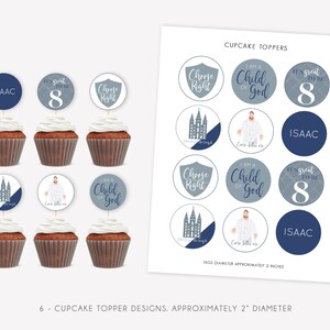 May include: Six cupcake topper designs featuring a blue and gray color scheme. The designs include a temple, a person in a white robe, a shield with the words "Choose Right", and a circle with the words "I am a Child of God". There are also two designs with the number "8" and the word "Isaac".