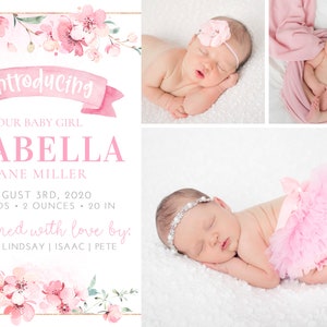 K&ouml;nnte beinhalten: Eine rosa und wei&szlig;e Baby-Ank&uuml;ndigungskarte mit floralem Rand. Die Karte lautet "Introducing our baby girl Isabella Jane Miller, August 3rd, 2020, 8 pounds, 2 ounces, 20 in. Welcomed with love by. Jacob | Lindsay | Isaac | Pete."