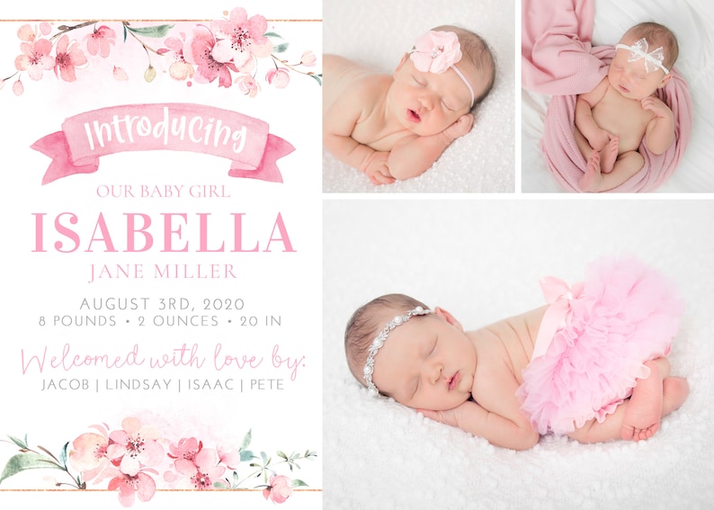 K&ouml;nnte beinhalten: Eine rosa und wei&szlig;e Baby-Ank&uuml;ndigungskarte mit floralem Rand. Die Karte lautet "Introducing our baby girl Isabella Jane Miller, August 3rd, 2020, 8 pounds, 2 ounces, 20 in. Welcomed with love by. Jacob | Lindsay | Isaac | Pete."