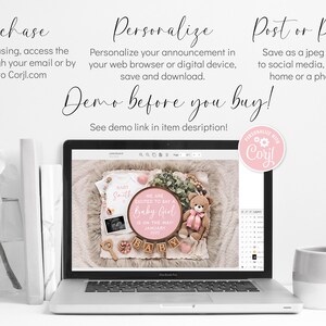 K&ouml;nnte beinhalten: Ein Laptop-Bildschirm zeigt eine digitale Designvorlage f&uuml;r eine Baby-M&auml;dchen-Ank&uuml;ndigung. Das Design zeigt ein rosa-wei&szlig;es Schild mit dem Text "We are excited to meet a Baby Girl" und einen Teddyb&auml;ren. Der Text "Baby Smith" ist auf einem wei&szlig;en Strampler zu sehen. Das Design ist &uuml;ber die Website Corjl anpassbar.
