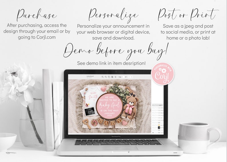 K&ouml;nnte beinhalten: Ein Laptop-Bildschirm zeigt eine digitale Designvorlage f&uuml;r eine Baby-M&auml;dchen-Ank&uuml;ndigung. Das Design zeigt ein rosa-wei&szlig;es Schild mit dem Text "We are excited to meet a Baby Girl" und einen Teddyb&auml;ren. Der Text "Baby Smith" ist auf einem wei&szlig;en Strampler zu sehen. Das Design ist &uuml;ber die Website Corjl anpassbar.