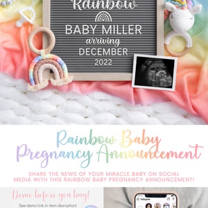 May include: A rainbow baby pregnancy announcement featuring a black letter board with the message "After every storm there is a rainbow Baby Miller arriving December 2022". The letter board is surrounded by a rainbow blanket, a unicorn toy, and a wooden rainbow.