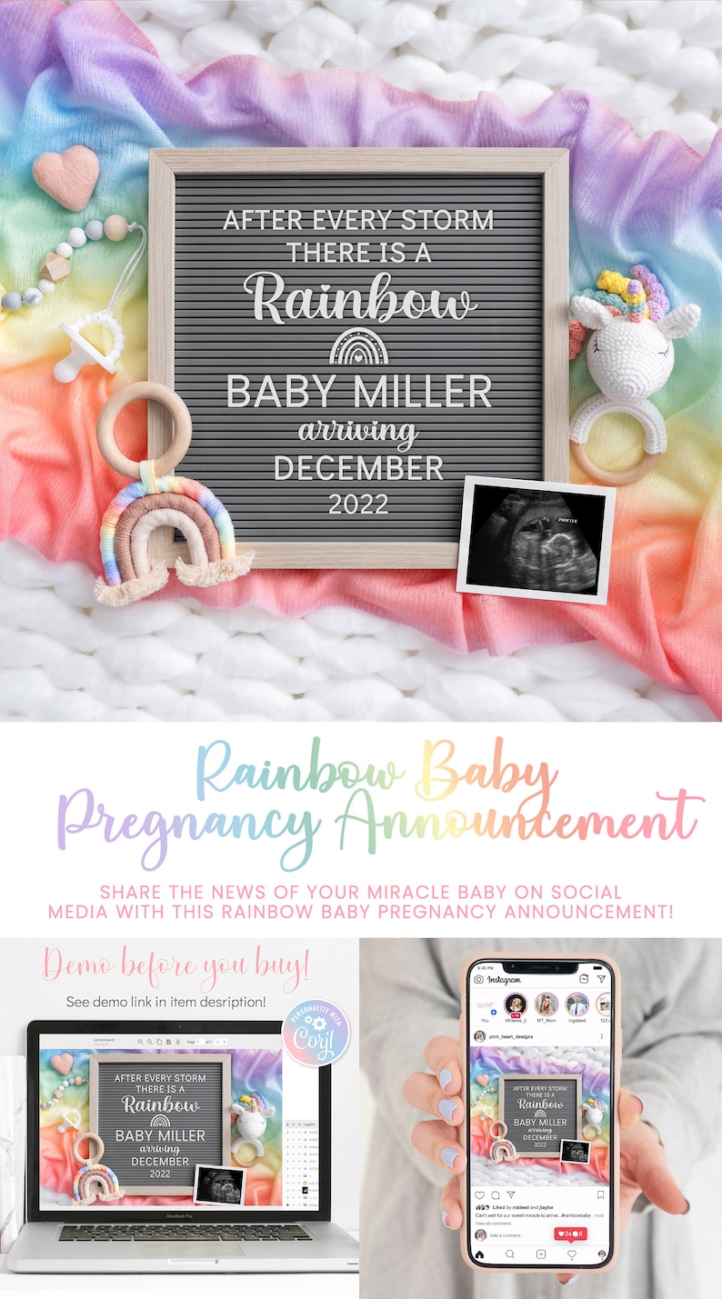 May include: A rainbow baby pregnancy announcement featuring a black letter board with the message "After every storm there is a rainbow Baby Miller arriving December 2022". The letter board is surrounded by a rainbow blanket, a unicorn toy, and a wooden rainbow.