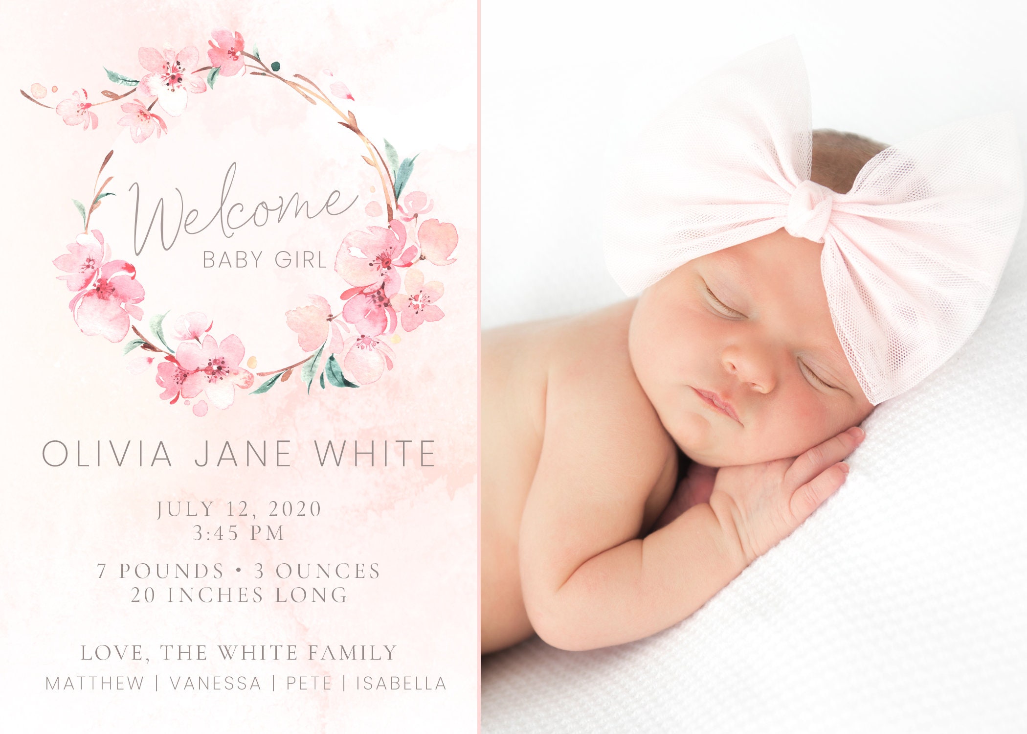 Birth Announcement Card Template For Baby Girl Customizable Etsy