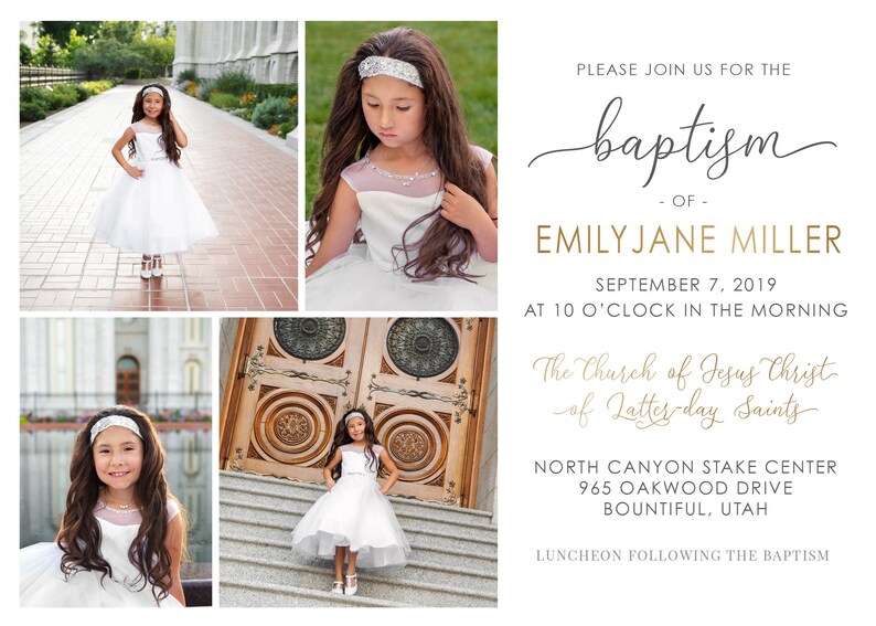 May include: Invitation to a baptism for Emily Jane Miller, to be held on September 7, 2019 at 10:00 AM at The Church of Jesus Christ of Latter-day Saints, North Canyon Stake Center, 965 Oakwood Drive, Bountiful, Utah. A luncheon will follow the baptism.