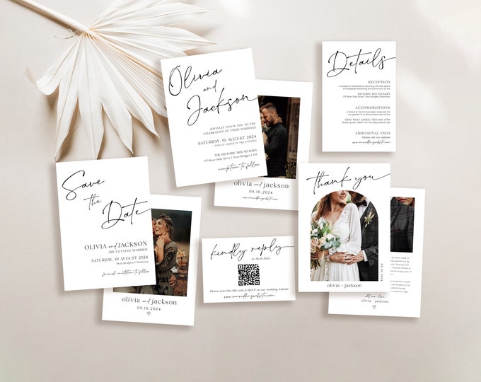 Minimalist Wedding Invitation Template | Modern Wedding Invite | Boho Wedding Invitation | Photo Wedding Invitation Set | Editable Template