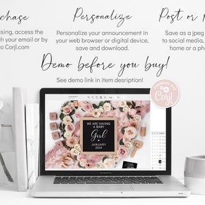 May include: A laptop screen showing a pink and white floral arrangement with a chalkboard sign that reads "We are having a baby girl January 2024". The screen is open to a website called Corjl, which allows users to personalise and print digital designs.