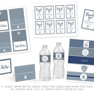 May include: Printable set of 5 water bottle labels, 5 food tent labels, and 6 thank you tags. The labels and tags feature a blue and gray striped pattern with a church building graphic and the text "I am a Child of God". The food tent labels also include the text "Choose Right" and "It's my special day 8".