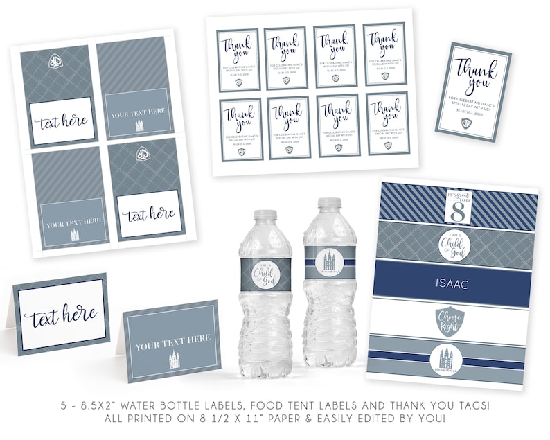 May include: Printable set of 5 water bottle labels, 5 food tent labels, and 6 thank you tags. The labels and tags feature a blue and gray striped pattern with a church building graphic and the text "I am a Child of God". The food tent labels also include the text "Choose Right" and "It's my special day 8".