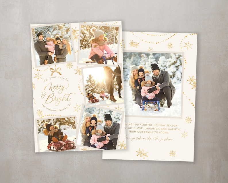 May include: A Christmas card featuring a collage of photos of a family dressed in winter clothes. The card has a gold glitter design with snowflakes and the text "May your days be Merry & Bright the Williams family".