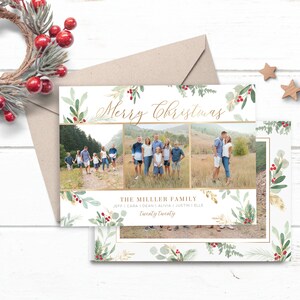 May include: A Christmas card with a white background and a gold border. The card features a collage of three photos of a family in a field. The text "Merry Christmas" is written in gold script at the top of the card. The text "The Miller Family" is written in gold script below the photos. The text "Jeff | Cara | Dean | Alvia | Justin | Elle" is written in gold script below the family name. The text "Twenty Twenty" is written in gold script below the names.