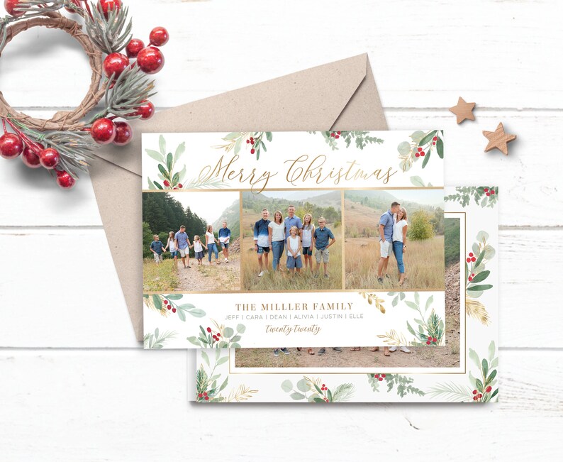 May include: A Christmas card with a white background and a gold border. The card features a collage of three photos of a family in a field. The text "Merry Christmas" is written in gold script at the top of the card. The text "The Miller Family" is written in gold script below the photos. The text "Jeff | Cara | Dean | Alvia | Justin | Elle" is written in gold script below the family name. The text "Twenty Twenty" is written in gold script below the names.