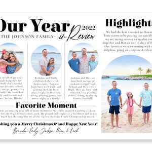 Puede incluir: Una tarjeta de Navidad de la familia Johnson con un collage de fotos. La tarjeta incluye fotos de la familia en Haw&aacute;i, en un partido de tenis y en casa. La tarjeta tambi&eacute;n incluye un mensaje deseando a todos una Feliz Navidad y un Feliz A&ntilde;o Nuevo.