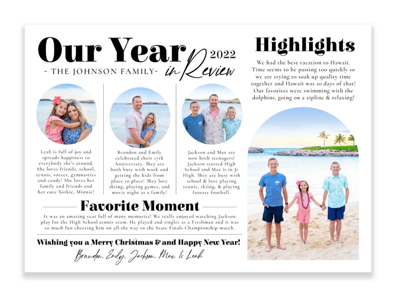 Puede incluir: Una tarjeta de Navidad de la familia Johnson con un collage de fotos. La tarjeta incluye fotos de la familia en Haw&aacute;i, en un partido de tenis y en casa. La tarjeta tambi&eacute;n incluye un mensaje deseando a todos una Feliz Navidad y un Feliz A&ntilde;o Nuevo.