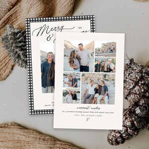 May include: A Christmas card with a black and white checkered border. The card features a collage of photos of a family. The text on the card reads "Merry &" and "warmest wishes for a wonderful holiday season filled with peace, joy & love. LOVE, THE JACKSON FAMILY".