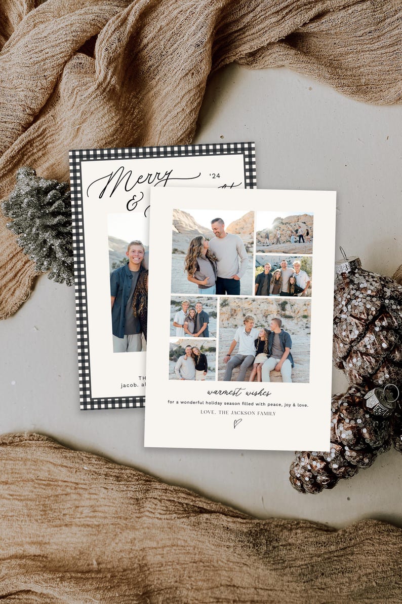 May include: A Christmas card with a black and white checkered border. The card features a collage of photos of a family. The text on the card reads "Merry &" and "warmest wishes for a wonderful holiday season filled with peace, joy & love. LOVE, THE JACKSON FAMILY".