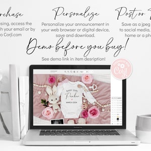 May include: A laptop screen displaying a mockup of a baby announcement design featuring a pink and white onesie with the text "BABY GIRL Parker MARCH 2024". The design includes a white bunny, pink roses, and wooden beads. The text "Demo before you buy!" is displayed above the laptop.