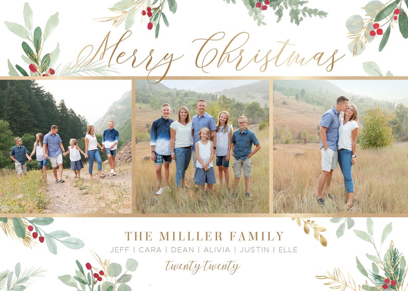May include: A Christmas card featuring a family of seven standing in a field. The card has a gold border and a watercolor design of greenery and red berries. The text "Merry Christmas" is written in gold script at the top of the card. The text "The Miller Family" is written in gold script below the photo. The names of the family members are listed below the family name, followed by the year "Twenty Twenty".