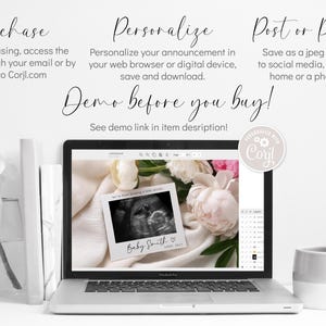 Puede incluir: Una pantalla de computadora port&aacute;til que muestra una plantilla de dise&ntilde;o digital para un anuncio de embarazo. El dise&ntilde;o presenta un fondo blanco con un arreglo floral y una imagen de ultrasonido enmarcada. El texto "Baby Smith" est&aacute; escrito en una fuente de escritura a mano. El texto "&iexcl;Demo antes de comprar!" se muestra encima de la computadora port&aacute;til.