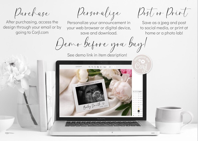 Puede incluir: Una pantalla de computadora port&aacute;til que muestra una plantilla de dise&ntilde;o digital para un anuncio de embarazo. El dise&ntilde;o presenta un fondo blanco con un arreglo floral y una imagen de ultrasonido enmarcada. El texto "Baby Smith" est&aacute; escrito en una fuente de escritura a mano. El texto "&iexcl;Demo antes de comprar!" se muestra encima de la computadora port&aacute;til.
