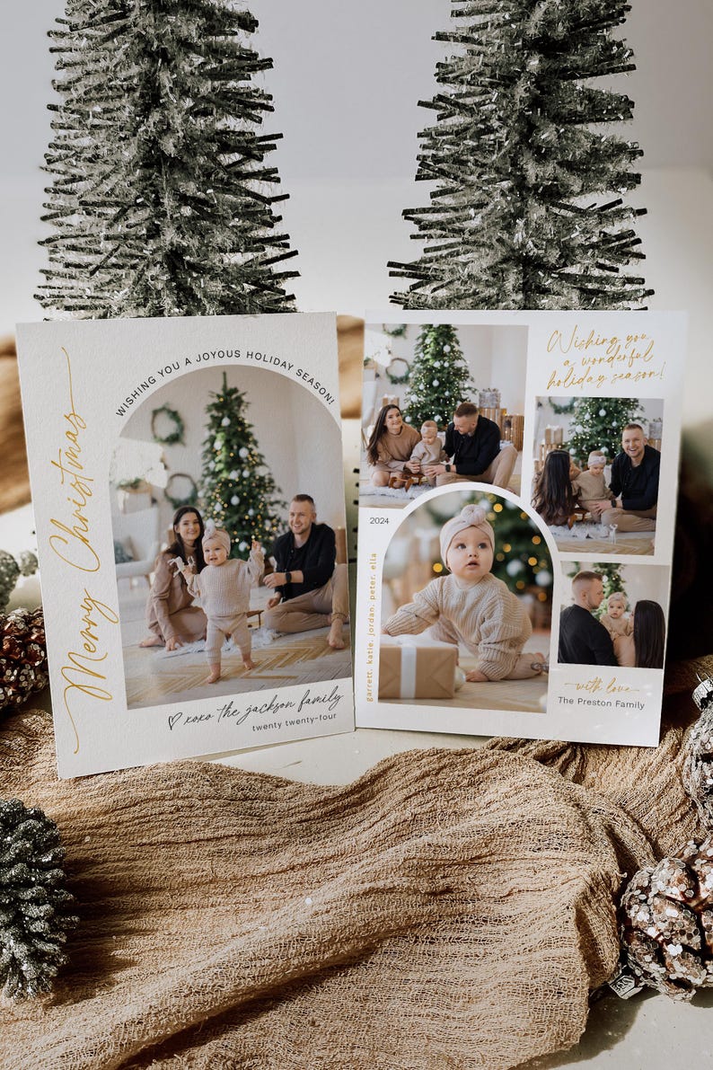 May include: A Christmas card with a gold script font that says "Merry Christmas" and a photo of a family with a young child. The card has a white background with a gold border and the text "Wishing you a joyous holiday season!" at the top. The card also includes the text "xoxo the jackson family twenty twenty-four" at the bottom.