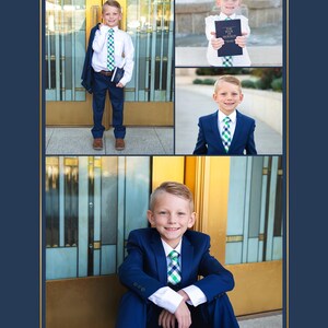 May include: A collage of images featuring a young boy in a navy blue suit with a green and white checkered tie. The boy is holding a book and smiling. The text "I Am a Child of God" is at the bottom of the image.