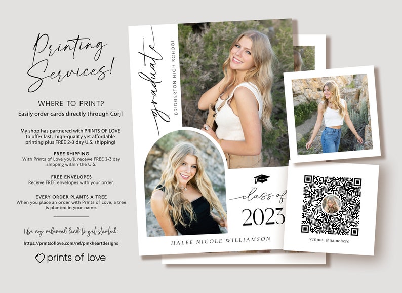 May include: A graduation announcement with a white background and black text. The announcement features a photo of a young woman in a white tank top and jeans. The text reads "graduate" and "class of 2023" with the graduate's name, "HALEE NICOLE WILLIAMSON".