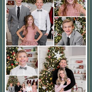 May include: A family of six poses for a Christmas photo. The parents are standing in front of a decorated Christmas tree, while the four children are in different poses throughout the image. The children are wearing festive attire, including a pink dress, a gray suit, and a white shirt with a bow tie. The family is smiling and looking at the camera.