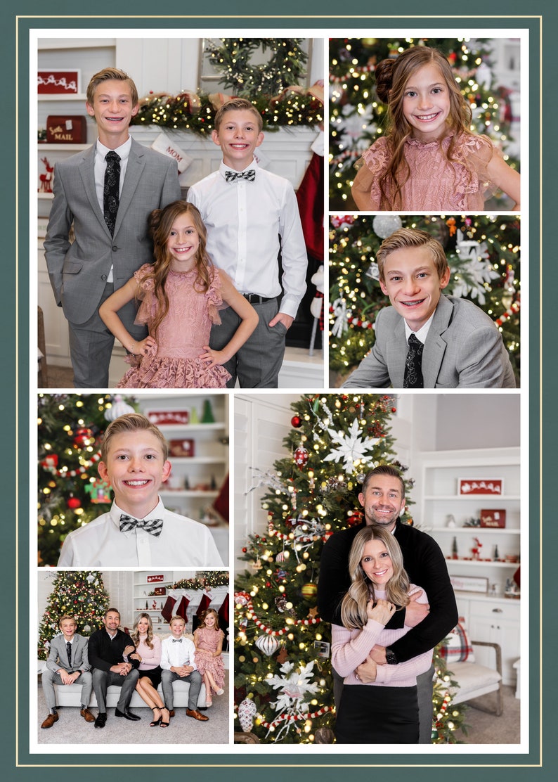 May include: A family of six poses for a Christmas photo. The parents are standing in front of a decorated Christmas tree, while the four children are in different poses throughout the image. The children are wearing festive attire, including a pink dress, a gray suit, and a white shirt with a bow tie. The family is smiling and looking at the camera.
