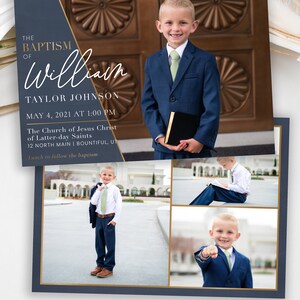 May include: A blue and gold invitation for a baptism. The invitation features a photo of a young boy in a suit and tie. The text on the invitation reads "The Baptism of William Taylor Johnson, May 4, 2021 at 1:00 PM, The Church of Jesus Christ of Latter-day Saints, 12 North Main | Bountiful, UT, Lunch to follow the baptism, LDS Baptism Invitation, Pink Heart Designs | Digital Templates".