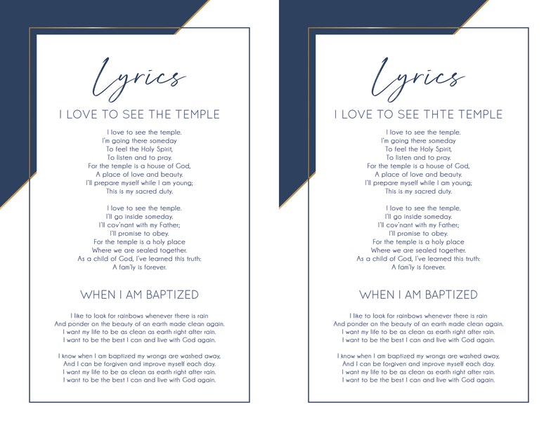 May include: A printable digital download of lyrics for the song "I Love to See the Temple" and "When I Am Baptized". The lyrics are printed in a white font on a blue background with a gold border.