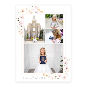 Puede incluir: Un collage de fotos con una ni&ntilde;a peque&ntilde;a con un vestido blanco sosteniendo un libro, de pie frente a un edificio blanco y de pie frente a un templo. El collage est&aacute; rodeado por un borde floral con flores rosas y blancas. El texto "I Am a Child of God" est&aacute; en la parte inferior del collage.