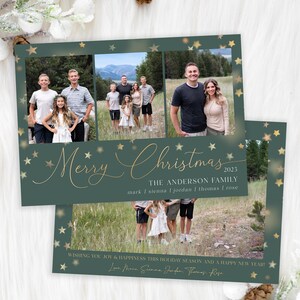 May include: A Christmas card with a green background and gold stars. The card features a family photo with the text "Merry Christmas 2023 The Anderson Family mark | sienna | jordan | thomas | rose" and the message "Wishing you joy & happiness this holiday season and a happy new year! Love Mark, Sienna, Jordan, Thomas, Rose"