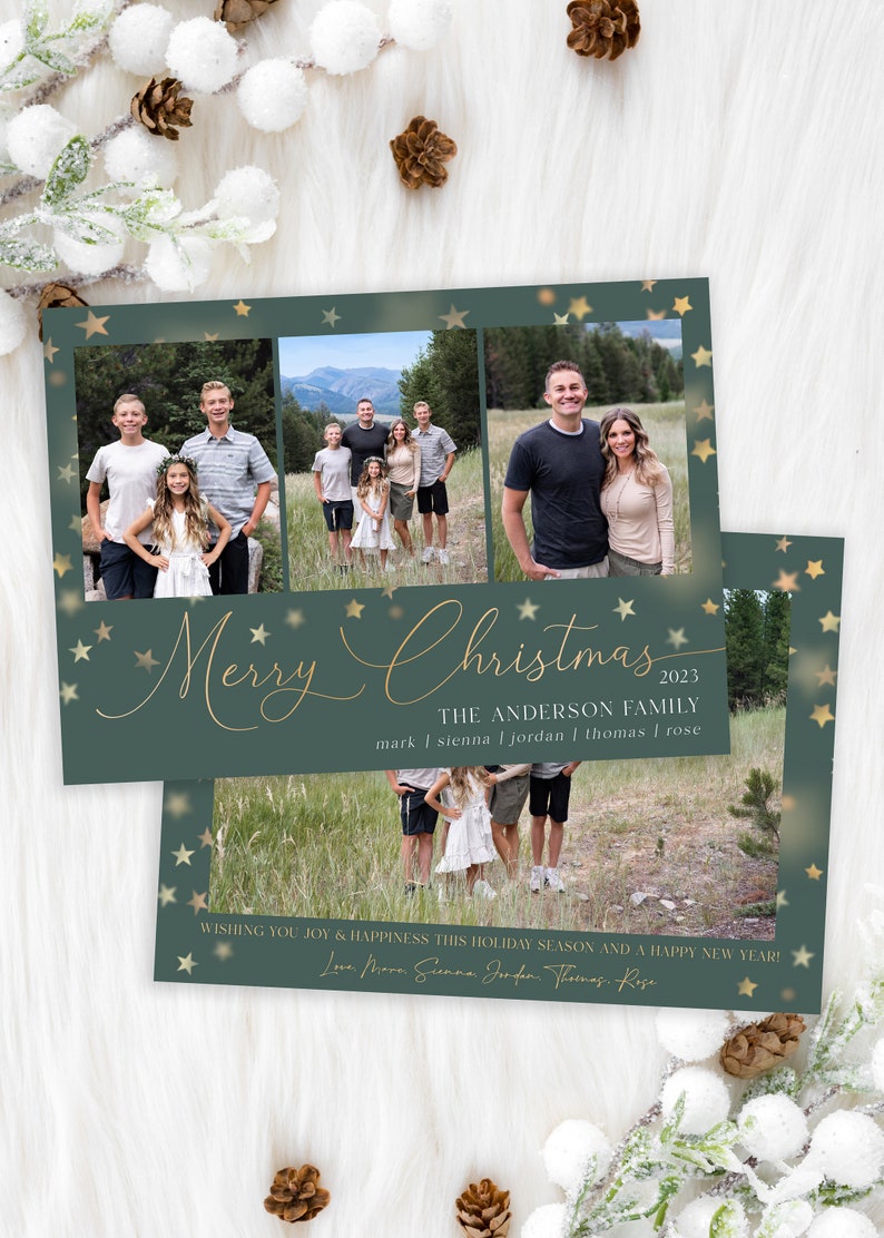 May include: A Christmas card with a green background and gold stars. The card features a family photo with the text "Merry Christmas 2023 The Anderson Family mark | sienna | jordan | thomas | rose" and the message "Wishing you joy & happiness this holiday season and a happy new year! Love Mark, Sienna, Jordan, Thomas, Rose"