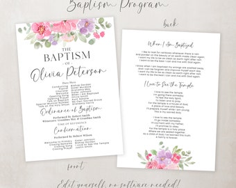 LDS Girl Baptism Program Template: Customizable Floral Design