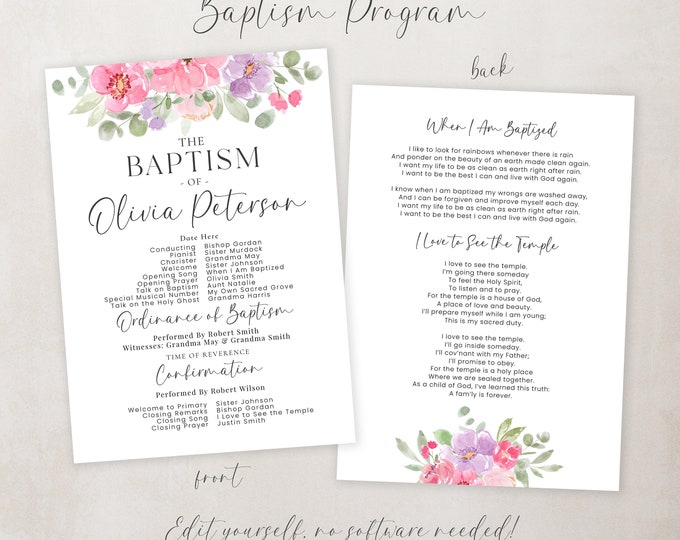 LDS Baptism Program Girl Baptism Program LDS Baptism LDS Girls Baptism Program Customizable Baptism Program