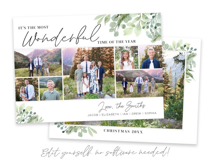 Greenery Christmas Card Template | Christmas Cards Template 5x7 | Photo Card | Editable Christmas Card | Holiday Card Templates | Corjl